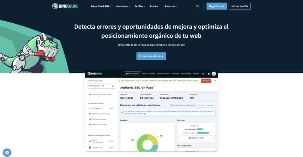 Auditoría SEO de Dinorank detectando errores técnicos