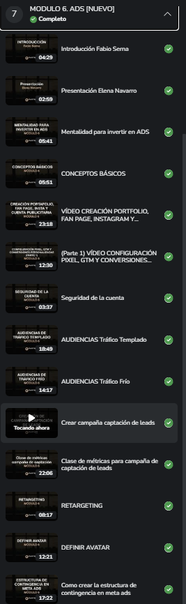 Módulo 6 de ADS de Partner 360 con Elena Navarro completado, vista de todas las clases