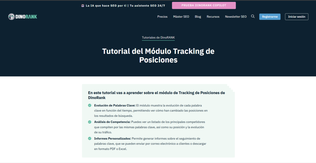 Dashboard de Dinorank mostrando seguimiento de posiciones SEO