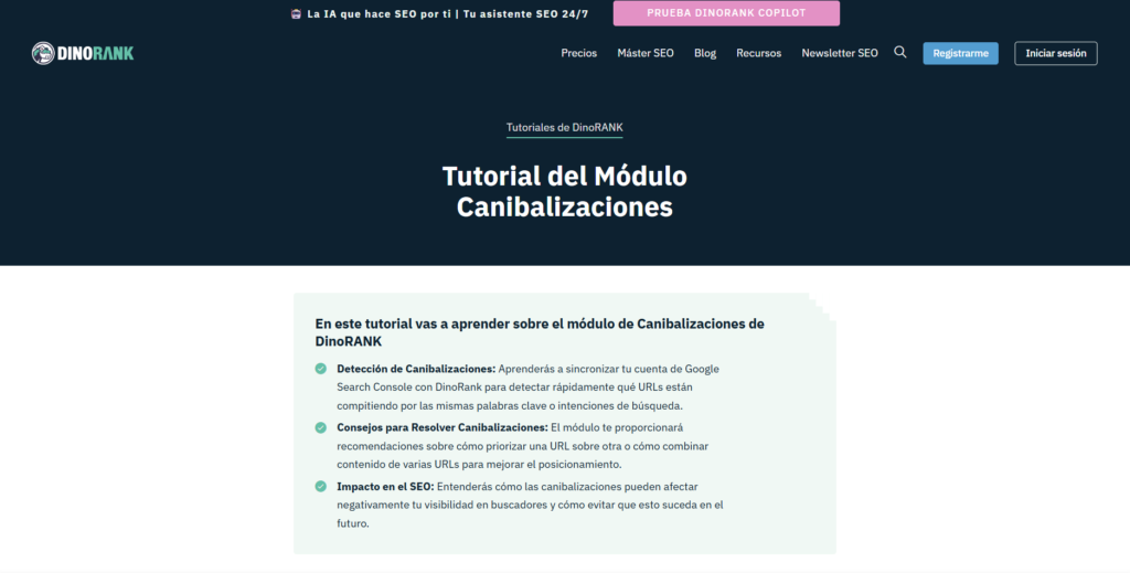 Módulo de canibalizaciones de Dinorank identificando URLs competidoras