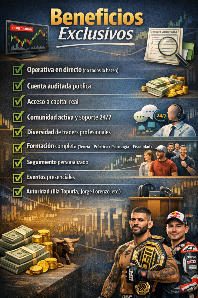 Infografía en español que muestra los beneficios exclusivos de una plataforma de trading: operativa en directo, cuenta auditada pública, acceso a capital real, comunidad activa 24/7, diversidad de traders profesionales, formación completa, seguimiento personalizado, eventos presenciales y respaldo de figuras como Ilia Topuria y Jorge Lorenzo.