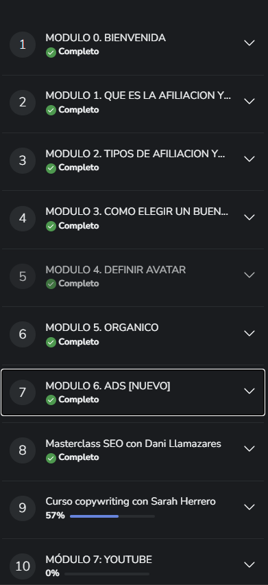 Dashboard de Partner 360 mostrando los módulos del 1 al 10 del campus completados
