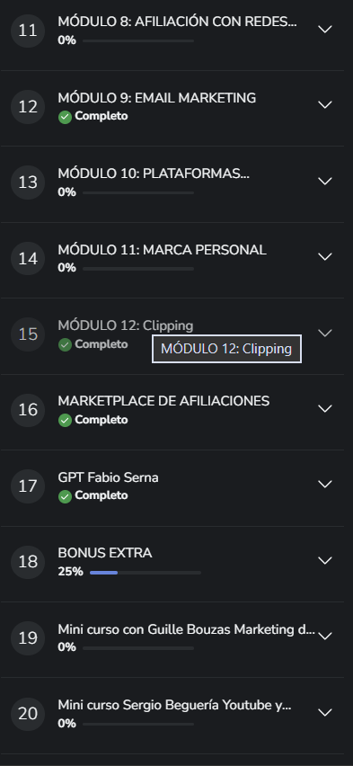 Dashboard de Partner 360 con los módulos del 11 al 20 incluyendo el módulo 12 Clipping