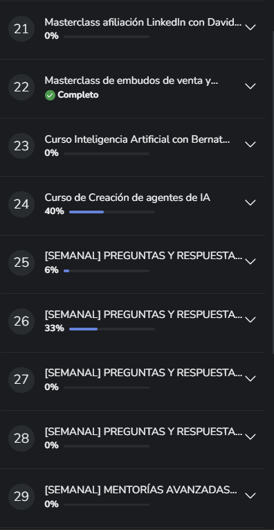 Dashboard de Partner 360 con los bloques 21 al 29 con masterclasses y mini cursos