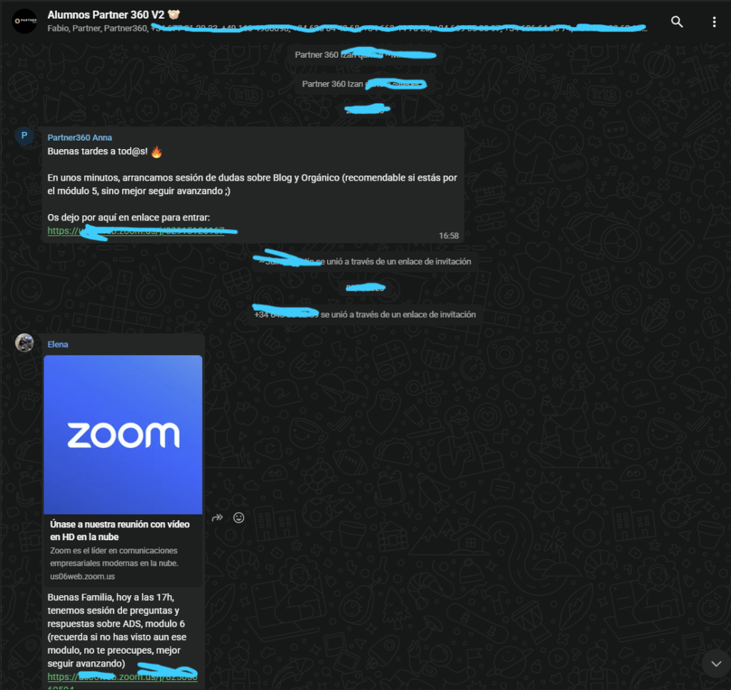 Grupo privado de WhatsApp de alumnos de Partner 360 con anuncios de mentorías diarias