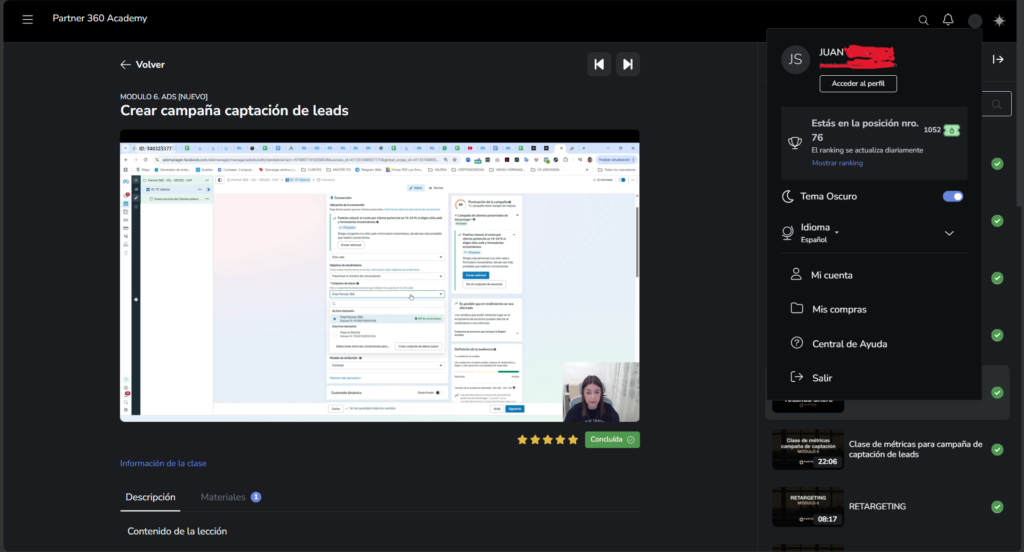 Mi perfil de alumno activo en Partner 360 con ranking en posición 76 sobre 1052 estudiantes