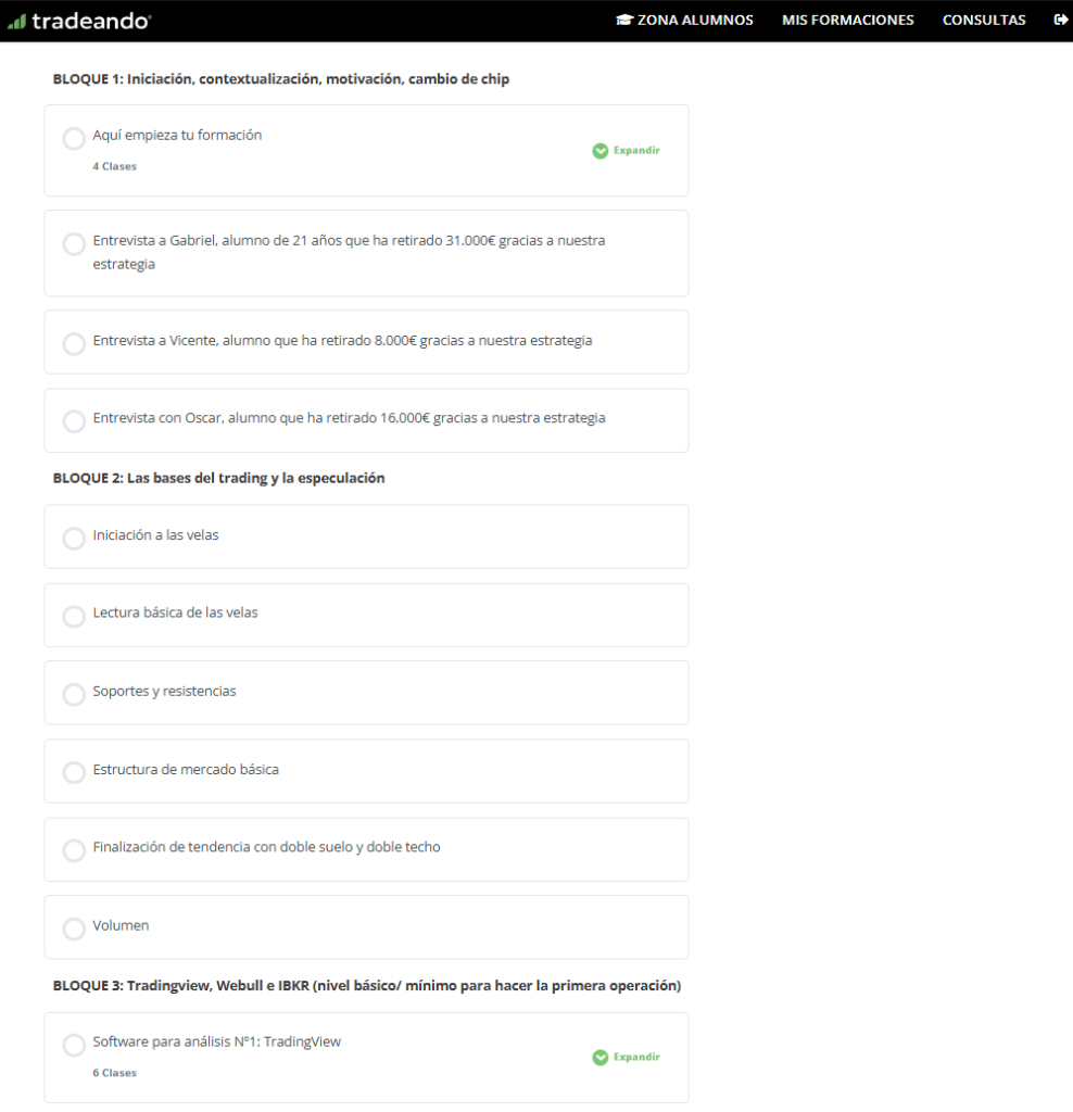 Panel de acceso al curso Tradeando con los módulos de formación visibles