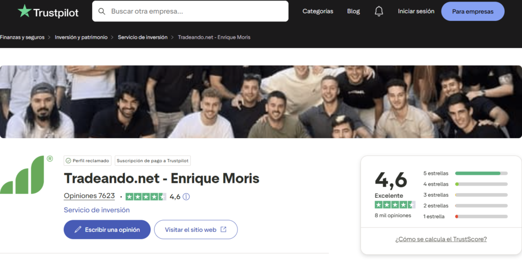 Puntuación global de Tradeando Enrique Moris en Trustpilot con más de 200 opiniones verificadas
