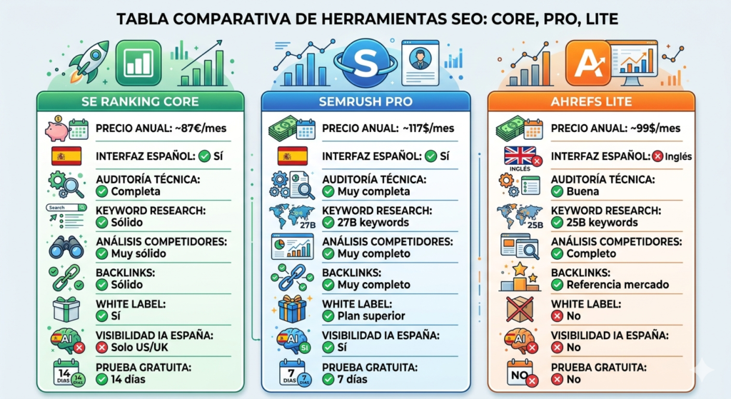 comparativa SE Ranking vs Semrush vs Ahrefs