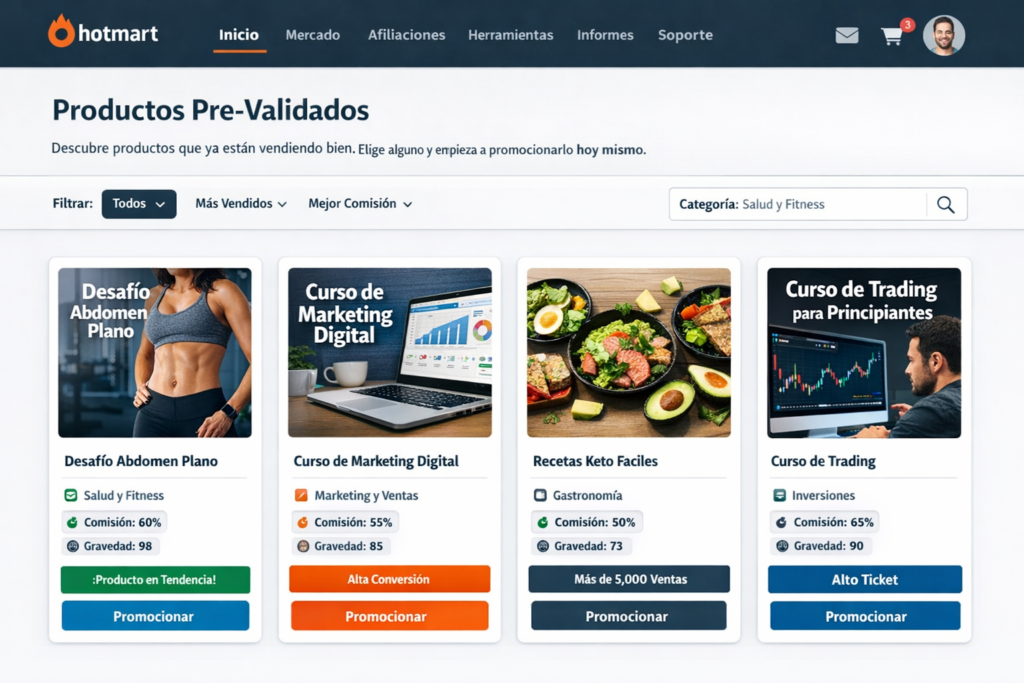 Productos pre-validados Hotmart afiliación Mi Primera Venta