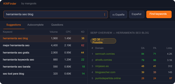 KWFinder mostrando keyword research con SERP y métricas de competidores