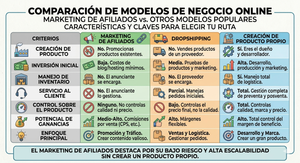 "marketing de afiliados vs otros modelos de negocio online - comparativa 2026"
