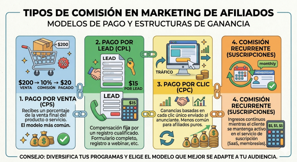 "tipos de comisión en marketing de afiliados - CPA, porcentaje y recurrente"
