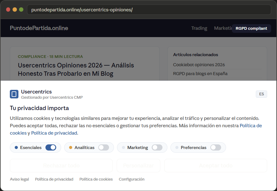 ejemplo de banner de consentimiento de Usercentrics instalado en WordPress
