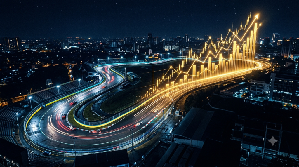 Circuito de carreras nocturno transformándose en un gráfico financiero ascendente, imagen de La Semana de la Inversión Sí Es Para Ti