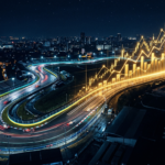 Circuito de carreras nocturno transformándose en un gráfico financiero ascendente, imagen de La Semana de la Inversión Sí Es Para Ti