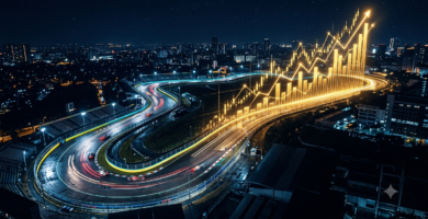 Circuito de carreras nocturno transformándose en un gráfico financiero ascendente, imagen de La Semana de la Inversión Sí Es Para Ti