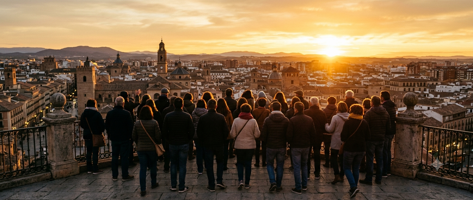 Grupo de personas viendo el amanecer sobre una ciudad española, simbolizando el despertar financiero colectivo