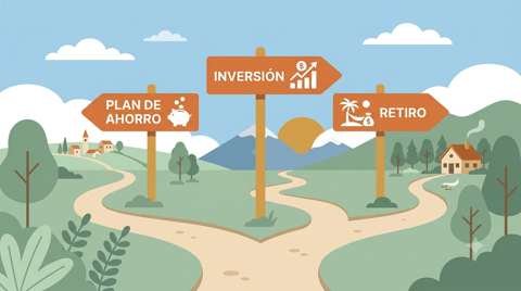 Ilustración de un cruce de caminos con señales representando distintas rutas para empezar a invertir