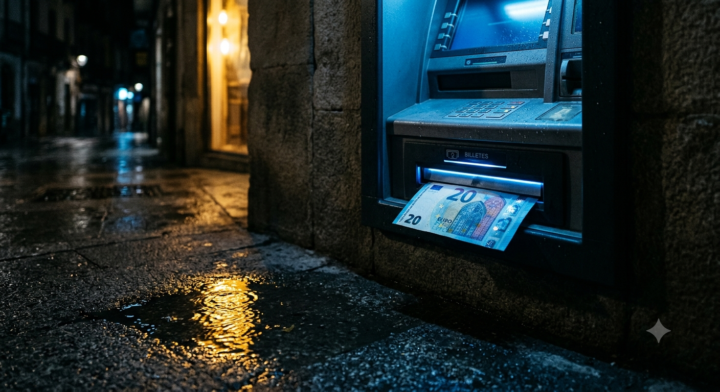 Cajero automático de noche con un billete de 20 euros saliendo de la ranura