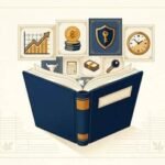 Glosario de inversión: libro abierto del que salen iconos de gráficos, monedas, seguridad y tiempo