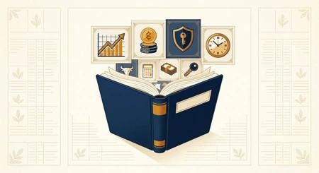 Glosario de inversión: libro abierto del que salen iconos de gráficos, monedas, seguridad y tiempo