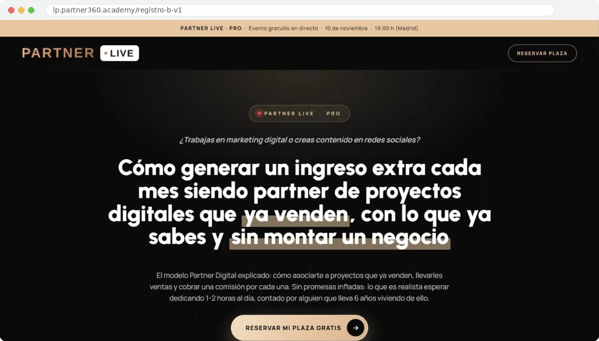 Página oficial de registro de Partner Live, versión Pro, para profesionales del marketing y creadores de contenido