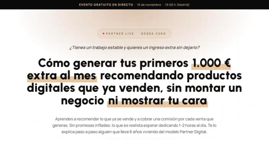 Partner Live, versión Desde cero: evento gratuito en directo el 10 de noviembre a las 19:00 (página oficial)