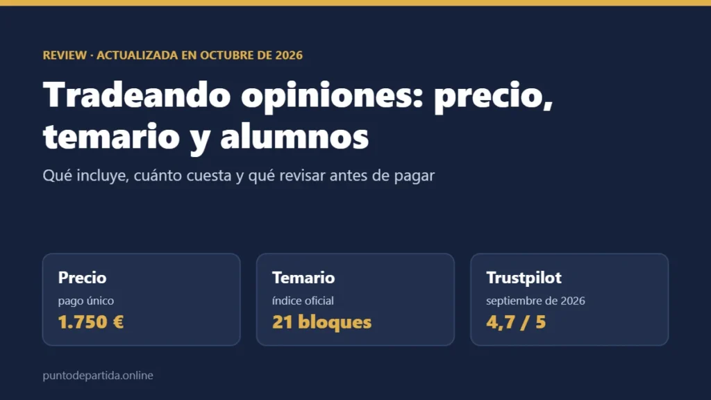 Tradeando opiniones 2026: precio de 1.750 € en pago único, temario de 21 bloques y 4,7 sobre 5 en Trustpilot