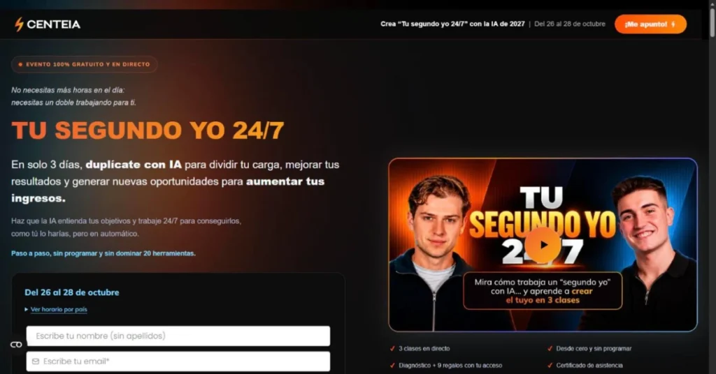 Página oficial del evento gratuito Tu Segundo Yo 24/7 de CenteIA, del 26 al 28 de octubre de 2026